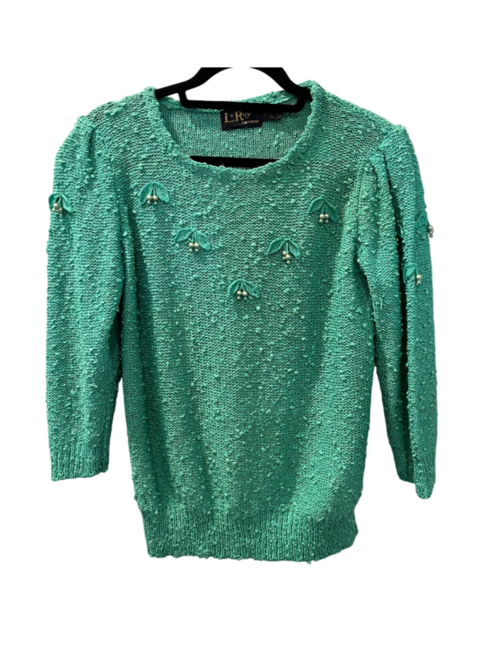 Vtg LeRoy Knitwear Green Beaded Cherries Popcorn Sweater Puff Sleeve XL Pearls